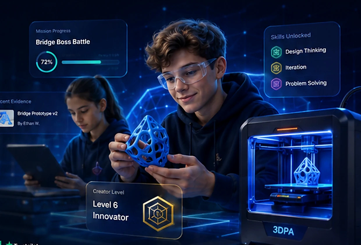 Creator School, pupil missions, evidence and progress alongside 3D printing activity